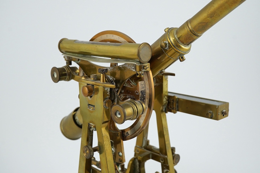 A late 19th century Casella & Co., London, brass theodolite, numbered 7906, engraved with ‘fitted with Reeves’s patent tangent micrometer’, 31cm high. Condition - fair to good